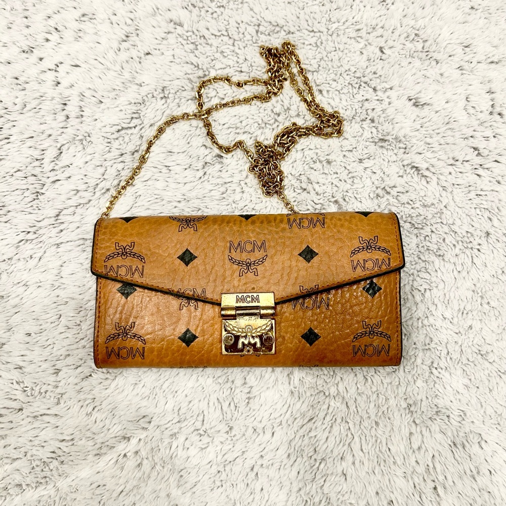 MCM Brown Leather Clutch with Gold Chain